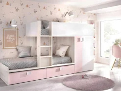 Vente-unique Kinderbed-Stapelbed Met Ingebouwde Kast En Opbergruimte 2X90X190Cm - Wit, Eiken En Roze + Matras -Juanito