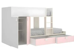 Vente-unique Kinderbed-Stapelbed Met Ingebouwde Kast En Opbergruimte 2X90X190Cm - Wit, Eiken En Roze + Matras -Juanito