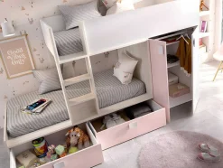 Vente-unique Kinderbed-Stapelbed Met Ingebouwde Kast En Opbergruimte 2X90X190Cm - Wit, Eiken En Roze + Matras -Juanito
