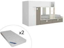 Vente-unique Kinderbed Stapelbed-Stapelbed Met Ingebouwde Kast En Opbergruimte 2X90X190Cm - Wit, Eiken En Taupe + Matras - Juanito