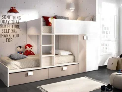 Vente-unique Kinderbed Stapelbed-Stapelbed Met Ingebouwde Kast En Opbergruimte 2X90X190Cm - Wit, Eiken En Taupe + Matras - Juanito