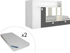 Vente-unique Kinderbed Stapelbed-Stapelbed Met Ingebouwde Kast 2 X 90 X 190 Cm - Wit, Eiken En Antraciet + Matras - Juanito