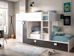 Vente-unique Kinderbed Stapelbed-Stapelbed Met Ingebouwde Kast 2 X 90 X 190 Cm - Wit, Eiken En Antraciet + Matras - Juanito