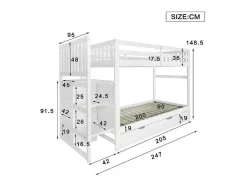 ModernLuxe Kinderbed Stapelbed-Stapelbed Met Onderschuifbed - Massief Grenenhout - 3X90X200 Cm - Opbergtrap Met 4 Lades - Veiligheidsbarrieres - Wit