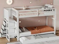 ModernLuxe Kinderbed Stapelbed-Stapelbed Met Onderschuifbed - Massief Grenenhout - 3X90X200 Cm - Opbergtrap Met 4 Lades - Veiligheidsbarrieres - Wit