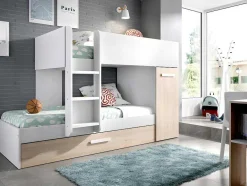 Vente-unique Kinderbed-Stapelbed Met Onderschuifbed En Opbergruimte 3X90X190Cm - Wit En Naturel - Anthony