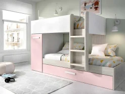 Vente-unique Kinderbed Stapelbed-Stapelbed Met Opbergruimtes 3 X 90 X 190 Cm - Wit, Naturel En Roze - Met Matras - Anthony