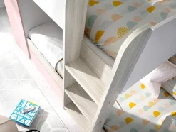 Vente-unique Kinderbed Stapelbed-Stapelbed Met Opbergruimtes 3 X 90 X 190 Cm - Wit, Naturel En Roze - Met Matras - Anthony