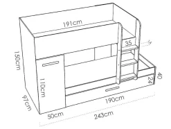 Vente-unique Kinderbed Stapelbed-Stapelbed Met Opbergruimtes 3 X 90 X 190 Cm - Antraciet En Wit - Met Matras - Anthony