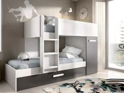 Vente-unique Kinderbed-Stapelbed Met Slaaplade En Opbergruimtes 3 X 90 X 190 Cm - Antraciet En Naturel - Anthony