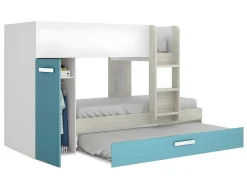 Vente-unique Kinderbed Stapelbed-Stapelbed Met Slaaplade En Opbergruimtes 3 X 90 X 190 Cm - Wit, Naturel En Blauw - Met Matras - Anthony