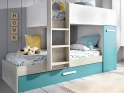 Vente-unique Kinderbed Stapelbed-Stapelbed Met Slaaplade En Opbergruimtes 3 X 90 X 190 Cm - Wit, Naturel En Blauw - Met Matras - Anthony