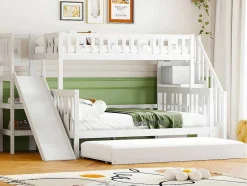 ModernLuxe Kinderbed Stapelbed-Stapelbed 90X200 + 140X200 Cm - Massief Hout - Met Glijbaan, Plank En Onderschuifbed - Wit