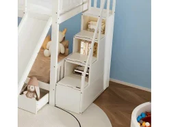 ModernLuxe Kinderbed Stapelbed-Stapelbed 90X200Cm - Grenenhout En Mdf Structuur - Met Glijbaan En Opbergtrap - Een Grote Lade Onder Het Bed - Wit