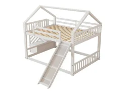 Vente-unique Kinderbed Stapelbed-Stapelbedden 140 X 200 Cm - Mdf Hout - Opbergtrap En Glijbaan - Wit