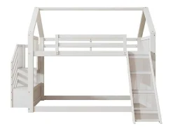 Vente-unique Kinderbed Stapelbed-Stapelbedden 140 X 200 Cm - Mdf Hout - Opbergtrap En Glijbaan - Wit