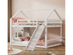 Vente-unique Kinderbed Stapelbed-Stapelbedden 140 X 200 Cm - Mdf Hout - Opbergtrap En Glijbaan - Wit