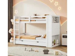 Vente-unique Kinderbed Stapelbed-Stapelbedden 2 X 90 X 200 Cm Voor Kinderen - 2 Laden + 6 Vakken + Planken - Mdf Hout - Wit
