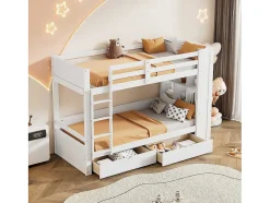 Vente-unique Kinderbed Stapelbed-Stapelbedden 2 X 90 X 200 Cm Voor Kinderen - 2 Laden + 6 Vakken + Planken - Mdf Hout - Wit