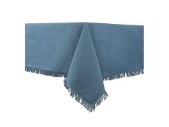 OZAIA Textiel Voor Eettafel-Tafelkleed + 4 Servetten Met Franjes - Katoen - Blauw - 140 X 240 Cm - Pola