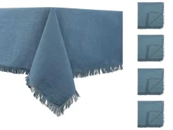 OZAIA Textiel Voor Eettafel-Tafelkleed + 4 Servetten Met Franjes - Katoen - Blauw - 140 X 240 Cm - Pola