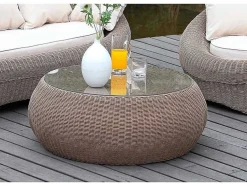 MYLIA Loungeset-Tuin Loungeset Van Karamel Gevolchten Hars - Zitbank & 2 Fauteuils & Salontafel - Whiteheaven