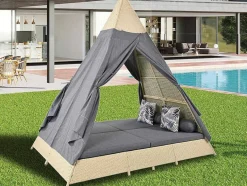 ModernLuxe Ligstoel-Tuinbed - Rotan Tent Voor 2 Personen - Met Gordijn En Kussens - Beige
