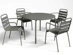 MYLIA Tuinset-Tuineethoek Van Metaal - Een Tafel D110 Cm En 4 Opstapelbare Fauteuils - Donkergrijs - Mirmande