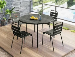 MYLIA Tuinset-Tuineethoek Van Metaal - Een Tafel D110 Cm En 4 Opstapelbare Stoelen - Donkergrijs - Mirmande