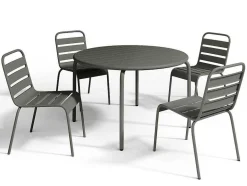 MYLIA Tuinset-Tuineethoek Van Metaal - Een Tafel D110 Cm En 4 Opstapelbare Stoelen - Donkergrijs - Mirmande