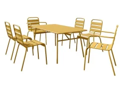 MYLIA Tuinset-Tuineethoek Van Metaal - Een Tafel D160 Cm Met 2 Opstapelbare Fauteuils En 4 Opstapelbare Stoelen - Mosterdgeel - Mirmande Van