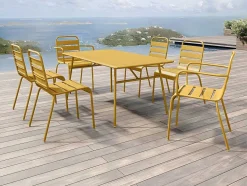 MYLIA Tuinset-Tuineethoek Van Metaal - Een Tafel D160 Cm Met 2 Opstapelbare Fauteuils En 4 Opstapelbare Stoelen - Mosterdgeel - Mirmande Van