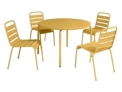 MYLIA Tuinset-Tuineethoek Van Metaal - Een Tafel D110 Cm En 4 Opstapelbare Stoelen - Mosterdgeel - Mirmande Van