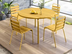MYLIA Tuinset-Tuineethoek Van Metaal - Een Tafel D110 Cm En 4 Opstapelbare Stoelen - Mosterdgeel - Mirmande Van