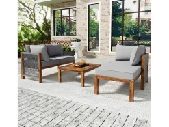 ModernLuxe Loungeset-Tuinmeubelen In Acaciahout En Grijs Touw - 2 Zitbanken En 1 Salontafel - Verstelbare Poten - Grijs & Naturel