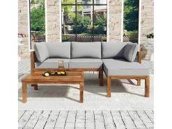 ModernLuxe Loungeset-Tuinmeubelen In Acaciahout En Grijs Touw - 2 Zitbanken En 1 Salontafel - Verstelbare Poten - Grijs & Naturel