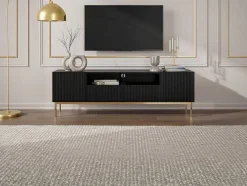 Vente-unique Tv-Meubel-Tv-Meubel Met 2 Deuren, 2 Laden En 2 Nissen Van Mdf En Staal - Zwart En Goudkleurig - Evilana