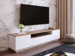 Vente-unique Tv-Meubel-Tv-Meubel Met 3 Deuren En 1 Nis - Wit En Naturel - Lotula