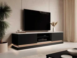 PASCAL MORABITO Tv-Meubel-Tv-Meubel Met 2 Lades En 2 Nissen Met Ledverlichting Van Mdf - Zwart Met Wit Marmereffect - Devika - Van