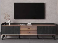 Vente-unique Tv-Meubel-Tv-Meubel Met 2 Lades En 2 Schuifdeuren - Moderne Stijl - Kleuren: Zwart En Naturel