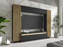 Vente-unique Tv-Meubel-Tv-Wand Met Opbergruimte - Ledverlichting - Zwart En Naturel - Lionea