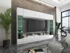 Vente-unique Tv-Meubel-Tv-Wand Met Opbergruimte En Ledverlichting Van Gerookt Gehard Glas - Wit Gelakt - Briano