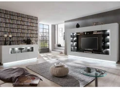 Vente-unique Tv-Meubel-Tv-Wandmeubel Blake Met Opbergruimte - Led-Verlichting - Wit Gelakt