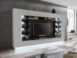 Vente-unique Tv-Meubel-Tv-Wandmeubel Blake Met Opbergruimte - Led-Verlichting - Wit Gelakt
