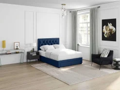 Vente-unique Tweepersoonsbed-Tweepersoons Bed Met Laden En Opbergruimte - Blauw Fluweel - 160 X 200 Cm - Leopold