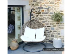 MYLIA Hangstoel-Tweezits Hangstoel Van Beige Gevlochten Hars Met Wit Kussen - Vahina