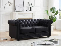 Vente-unique Zitbank-Tweezitsbank Van Zwart Kunstleer Chesterfield