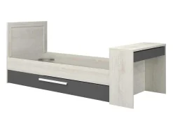Vente-unique Bed Met Slaaplade-Uitschuifbaar Bed 90 X 200 En 90 X 190 Cm - Met Bureau - Kleur: Naturel En Antraciet + Matras + Bedbodem - Vouani