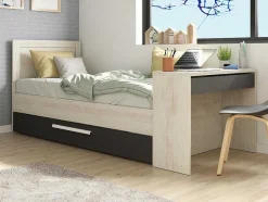 Vente-unique Bed Met Slaaplade-Uitschuifbaar Bed 90 X 200 En 90 X 190 Cm - Met Bureau - Kleur: Naturel En Antraciet + Matras + Bedbodem - Vouani