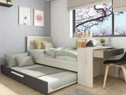 Vente-unique Bed Met Slaaplade-Uitschuifbaar Bed 90 X 200 En 90 X 190 Cm - Met Bureau - Kleur: Naturel En Antraciet + Matras + Bedbodem - Vouani